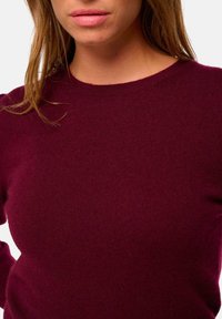 Burgunderfarbener, gestrickter Pullover mit Rundhalsausschnitt und langen Ärmeln, der eine weiche Textur und eine figurbetonte Passform zeigt.