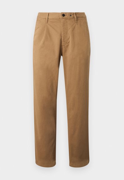 Brown chinos with a straight leg, front pleats, two front pockets, and a single back pocket. Made of a smooth cotton blend.
