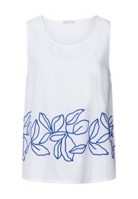 Top sin mangas blanco con diseño de hojas bordadas en azul a lo largo del dobladillo, con una textura suave y un escote redondeado.