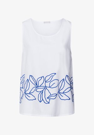 Hvid ærmeløs top med blåt broderet bladdesign langs kanten, blød tekstur og rund halsudskæring.
