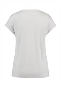 Weißes T-Shirt mit kurzen Ärmeln und aufgeschlagenen Ärmeln, runder Ausschnitt und einer weichen, glatten Textur. Einfaches, unverschönertes Design.