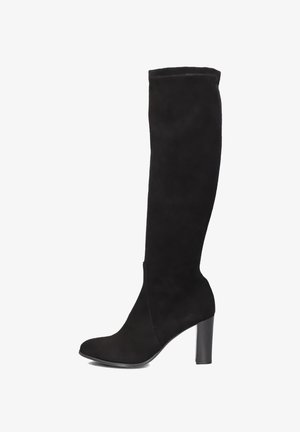 Black knee-high boot with a sleek suede material, pointed toe, and a high block heel. Smooth texture and minimal decorative details.