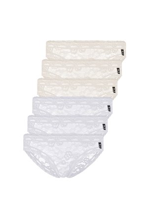 Six lace women's underwear in white and beige, stacked with small black brand tags on the right side.