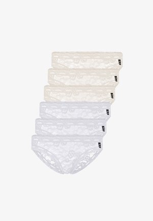 Six lace women's underwear in white and beige, stacked with small black brand tags on the right side.