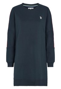 Marineblaues Sweatshirtkleid aus weichem Stoff, mit langen Ärmeln, roten Seitenstreifen und kleinem gesticktem Logo auf der Brust.