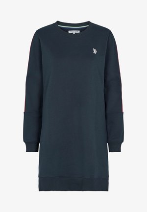 Marineblauwe sweatshirtjurk, gemaakt van zachte stof, met lange mouwen met rode zijstrepen en een klein geborduurd logo op de borst.