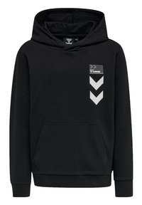 Svart huvtröja i en bomullsblandning med en framficka i kängurustil, ribbade mudd och en tryckt logotyp med chevrondetaljer.