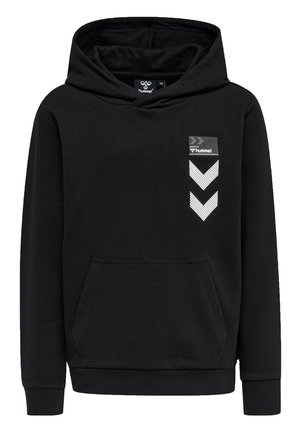 Zwarte hoodie in een katoenmix met een voorzak in kangoeroestijl, ribgebreide manchetten en een bedrukte logo met chevronaccenten.
