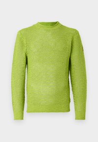 Pulôver de malha em verde limão brilhante; apresenta uma trama solta, decote redondo e punhos e barra canelados. Padrão texturizado em toda a peça.