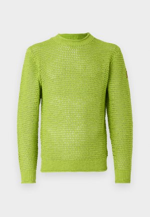 Knit sweater in bright lime green; features a loose weave, round neckline, and ribbed cuffs and hem. Textured pattern throughout.