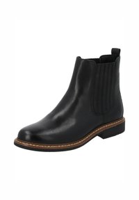 Stivale Chelsea alla caviglia in pelle nera con pannelli laterali elastici, linguetta, suola cucita marrone e tacco basso impilato.