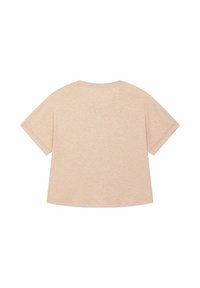 T-shirt corto a maniche corte di color beige chiaro, con scollatura rotonda, vestibilità comoda e texture morbida. Stile casual con un design semplice e senza decorazioni.