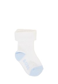 Calza bianca a costine con un accento azzurro chiaro sul tallone, dotata di un risvolto in cima e la scritta "BOSS" stampata in azzurro chiaro di lato.