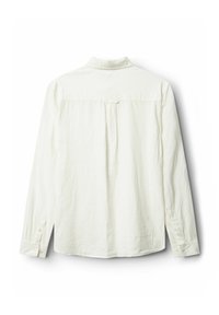 Langärmliges, weißes Hemd aus strukturiertem Stoff mit leichtem Glanz, ausgestattet mit einem Rückenfalte, Knopfmanschetten und einem klassischen Kragen.