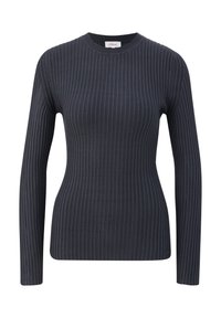 Dunkelgrauer, gerippter Pullover mit langen Ärmeln, rundem Halsausschnitt und taillierter Silhouette. Die Textur ist glatt und zeigt ein konsistentes vertikales Muster.