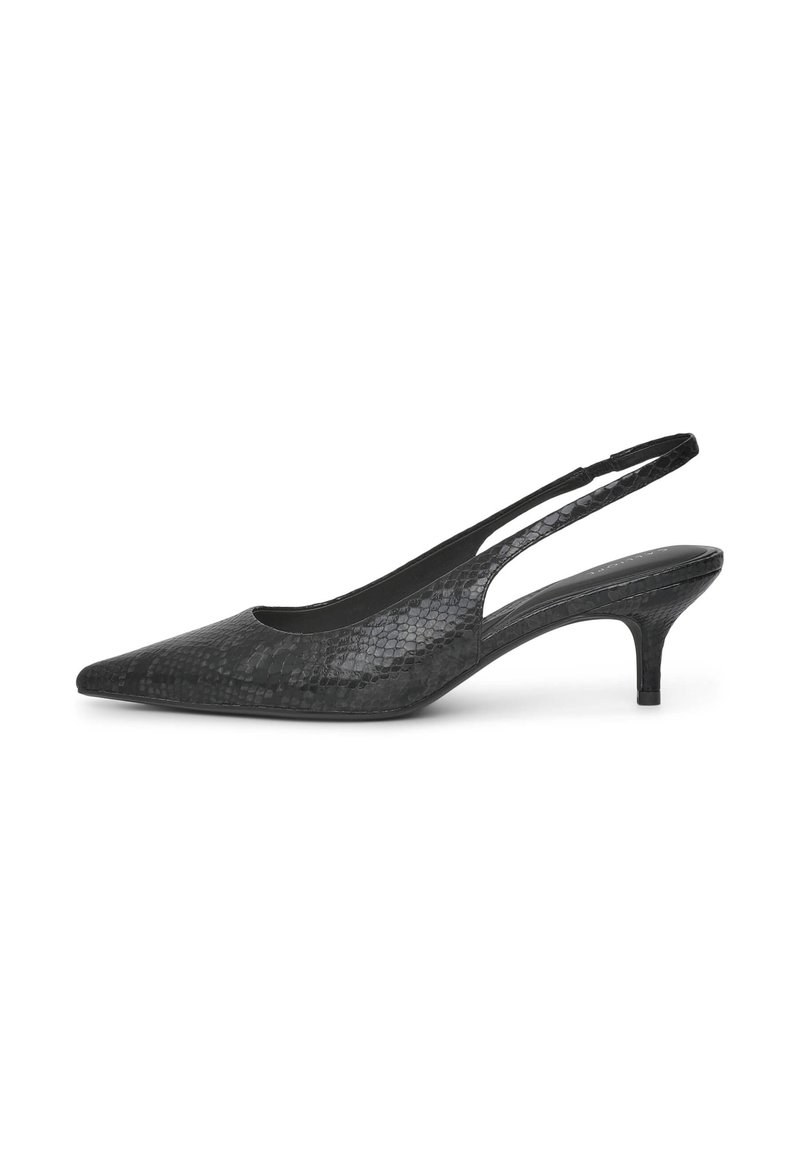 Tacchi slingback neri con punta appuntita, realizzati in materiale testurizzato che ricorda la pelle di serpente, caratterizzati da un tacco sottile e un design con ritagli.