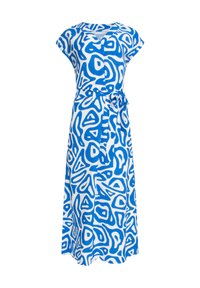 Blaue und weiße gemusterte Kleid mit Cap-Ärmeln, V-Ausschnitt und einem Bindegürtel in der Taille; aus leichtem Stoff, knöchellanges Design.