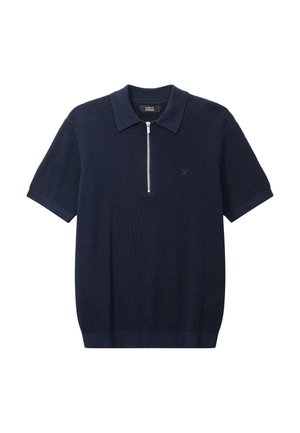 Marineblaue kurzärmelige Strick-Poloshirt mit geripptem Muster und silbernem Frontreißverschluss, mit kleinem Ton-in-Ton-Logo auf der Brust.