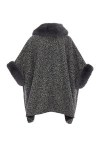 Grijze geweven poncho met een gestructureerde afwerking, voorzien van een zachte imitatiebont kraag en manchetten. Open zijkanten en een losse pasvorm verhogen het comfort.