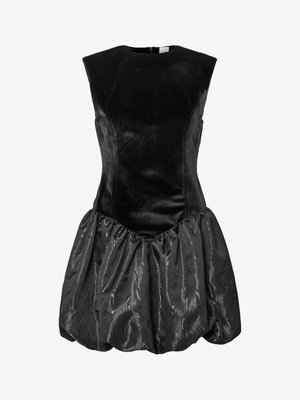 Black sleeveless dress featuring a fitted velvet bodice and a textured, gathered satin skirt with a shiny appearance. Back zip closure.