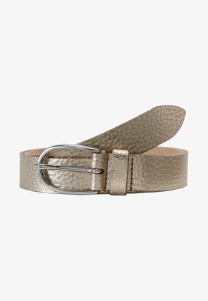 Metallic gold leather belt with a textured surface and a shiny silver buckle. Features a standard prong and keeper for secure fastening.