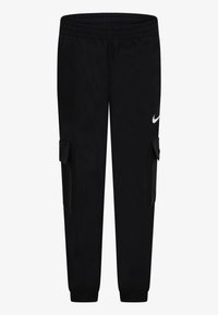 Juodos Nike kroksai su elastinga juosta juosmenyje, šoninėmis kišenėmis ir baltu logotipo akcentu. Pagaminti iš lygios, lengvos medžiagos.