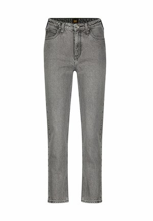 Gray denim jeans with a high waist, straight leg, and five-pocket design. Features a faded finish and contrasting stitching.