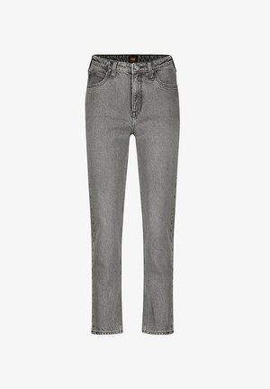 Graue Jeans aus Denim mit hoher Taille, geradem Bein und Fünf-Taschen-Design. Verfügt über einen ausgebleichten Look und kontrastierende Nähte.