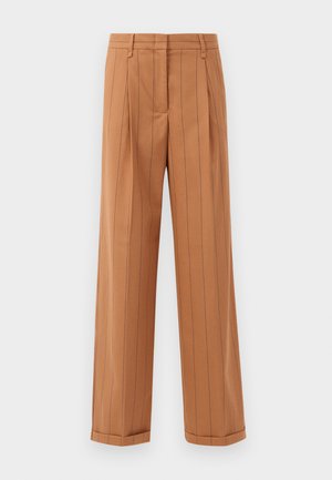 Brune stripete bukser med en skreddersydd design, med detaljer som folder, rett snitt og mansjettkant. Laget av et glatt stoff.