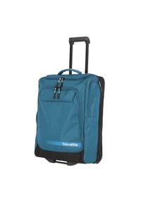 Taschenset in Teal, mit Rollen, top_handle, doppeltem Reißverschluss, schwarzen Akzenten und einem blauen Logo. Minimalistisches Design mit Seitentaschen.