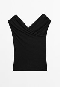 Sort tætsiddende top med v-halsdesign, rynkede skuldre og glat tekstur, lavet af strækbart stof. Ærmeløs med en tætsiddende pasform.