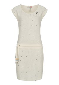 Ivoor jurk met korte mouwen, gestructureerde stof met kleine stippen en een koordsluiting in de taille. Inclusief decoratieve knopen op de schouder.