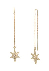 Sternförmige Ohrringe in Gold mit einer hängenden Kette, die ein Muster aus kleinen weißen Perlen zeigen, die auf der Sternoberfläche angeordnet sind.