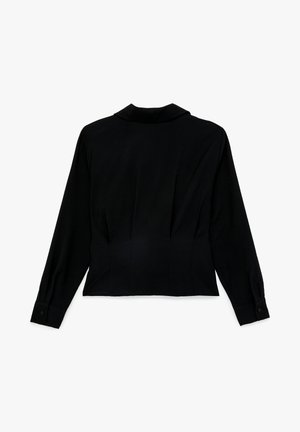 Zwarte blazer met lange mouwen, kraag, knoopmanchetten en een getailleerde taille, van achteren weergegeven op een witte achtergrond.