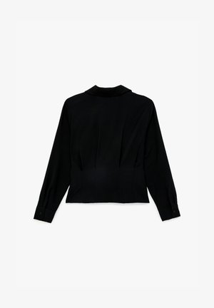 Zwarte blazer met lange mouwen, kraag, knoopmanchetten en een getailleerde taille, van achteren weergegeven op een witte achtergrond.