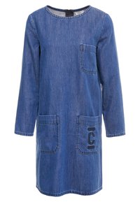 Tummansinisestä farkkukostuumusta, jossa on pitkät hihat, pyöreä pääntie, kaksi etutaskua ja logoyksityiskohta oikeassa taskussa. Pehmeä rakenne.