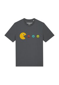 Grijze katoenen T-shirt met een gele Pac-Man graphic en vier gekleurde spookiconen: rood, cyaan, groen en zwart. Korte mouwen, ronde hals.