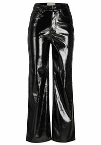 Black, high-waisted, wide-leg trousers made of shiny faux leather. Features front pockets, zipper, and button closure. Smooth texture.