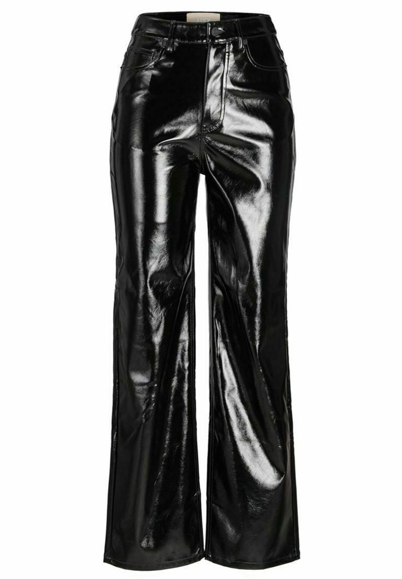 Black, high-waisted, wide-leg trousers made of shiny faux leather. Features front pockets, zipper, and button closure. Smooth texture.