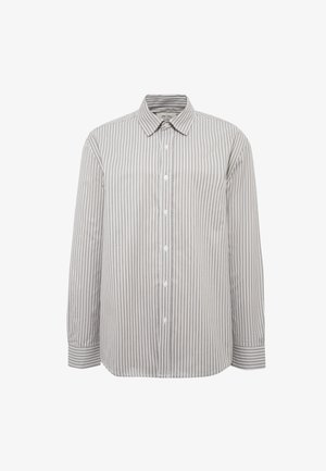 Grau gestreiftes Hemd mit Knopfleiste, klassischem Kragen, langen Ärmeln und weißen Knöpfen. Der Stoff wirkt glatt mit einem leichten Glanz.