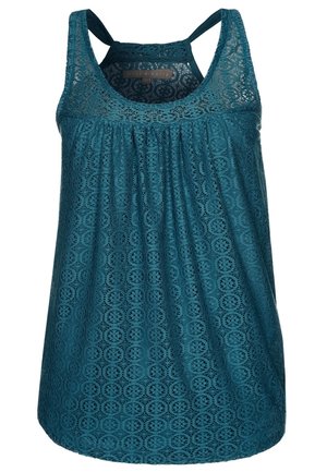 Top sin mangas de encaje color teal con patrones circulares, con un fruncido en la parte delantera y tirantes de estilo racerback.