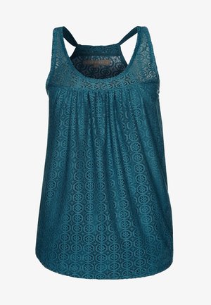 Haut sans manches en dentelle teal avec des motifs circulaires, devant froncé et bretelles en mode caraco.