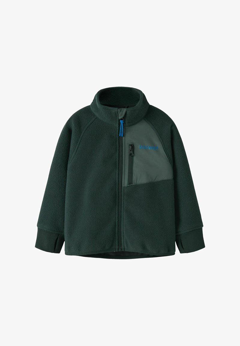 Giacca in pile verde scuro con cerniera completa, collo alto, tasca sul petto con cerniera e scritta blu "DISCOVER" sul pannello del petto.