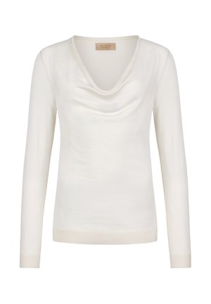 Off-White langärmeliger Pullover mit drapiertem Wasserfallausschnitt und geripptem Saum und Bündchen.