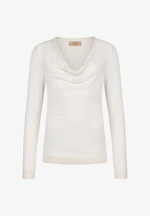 Off-White langärmeliger Pullover mit drapiertem Wasserfallausschnitt und geripptem Saum und Bündchen.