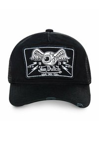 Casquette de camionneur noire avec un dos en filet, présentant un patch brodé central d'un œil avec des ailes et des éclairs, texte en blanc.