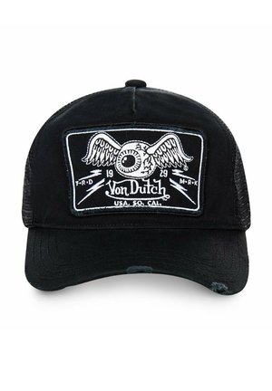 Black trucker hat with a mesh back, featuring a central embroidered patch of an eye with wings and lightning bolts, text in white.