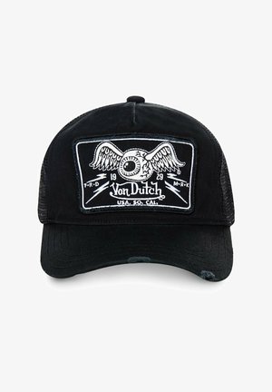 Schwarze Trucker-Kappe mit einem Mesh-Rücken, featuring einem zentralen aufgestickten Patch eines Auges mit Flügeln und Blitze, Text in Weiß.