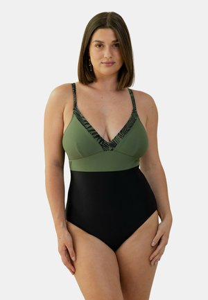 Maillot de bain une pièce avec un décolleté en V profond, en haut vert olive avec des accents noirs, et un bas noir, fabriqué en tissu extensible avec une texture lisse.