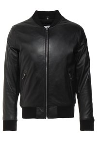 Svart läder bomberjacka med dragkedja framtill, ribbade manschetter och nederkant. Har två sidofickor med dragkedja och en slät yta.